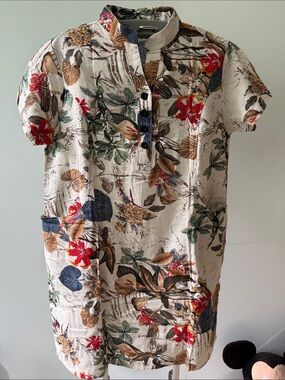 Floral Linen-Blend Tunic dress in Cream with Print size 46